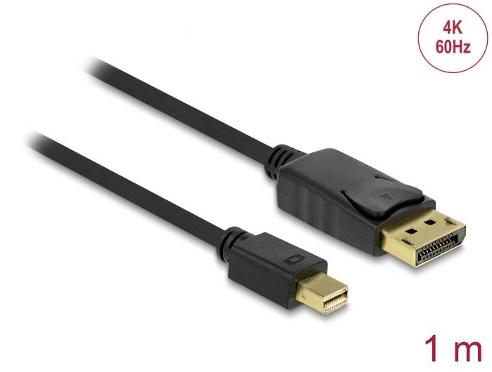 Černý kabel DisplayPort na Mini DisplayPort, vhodný pro 4K při 60 Hz, délka: 1 metr.