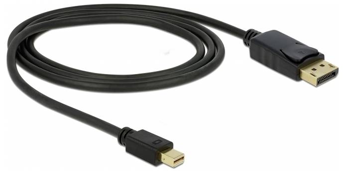 Černý DisplayPort-to-Mini-DisplayPort kabel, na jedné straně standardní konektor, na druhé straně mini konektor, určený pro monitory.