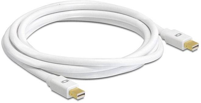 Bílý datový kabel se dvěma identickými konektory, vhodný pro připojení elektronických zařízení; je navinut na stole.