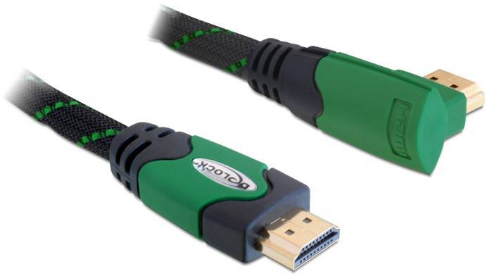 Zelený HDMI kabel se zlatými konektory a černým pláštěm, vhodný pro propojení elektronických zařízení pro přenos obrazu a zvuku.