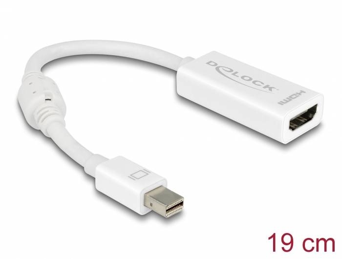 Bílý adaptérový kabel z Mini DisplayPort na HDMI, délka: 19 cm, na bílém pozadí.