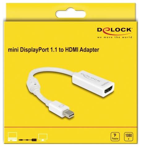 Adaptér Delock: Mini DisplayPort 1.1 na HDMI, vhodný pro rozlišení 1080p, pasivní, v žluté krabičce.