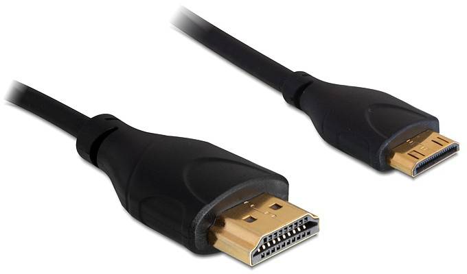 Černý HDMI kabel se dvěma konektory: vlevo standardní HDMI, vpravo Mini HDMI.