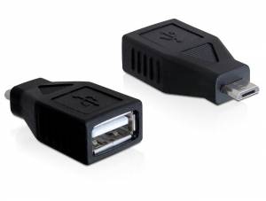 Dva adaptéry: jeden s USB-A zásuvkou a Micro-USB zástrčkou, druhý s opačnou konfigurací, na bílém pozadí.