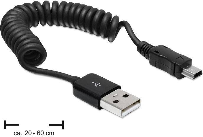 Černý spirálovitý USB kabel s konektory USB-A a Micro-USB, délka přibližně 20-60 cm, na bílém pozadí.