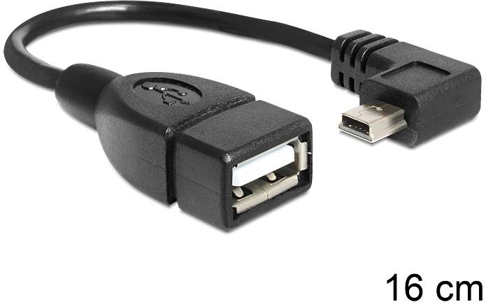 USB adaptérový kabel: USB-A zásuvka na Micro-USB zástrčku, černý, dlouhý 16 cm.