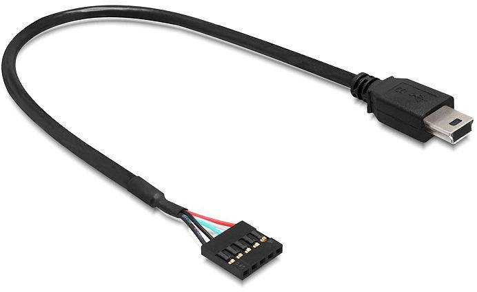 Černý USB kabel s mini-USB konektorem a otevřeným koncem s barevnými vodiči, vhodný pro specifická hardwarová připojení.