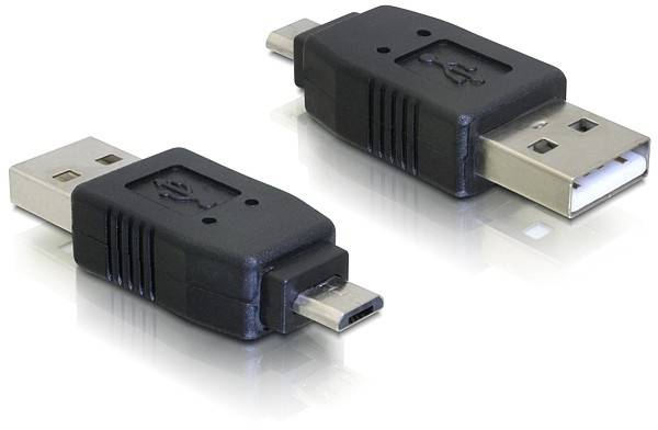 Dva USB adaptéry, vlevo s micro USB konektorem a vpravo se standardním USB portem, leží na reflexní ploše.
