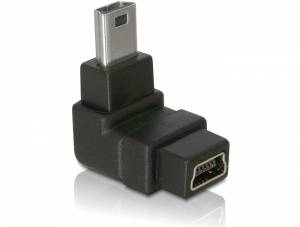Černý úhlový adaptér pro HDMI a Mini-HDMI konektory na bílém pozadí.