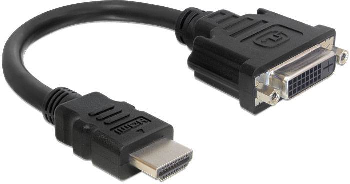 Černý kabel s HDMI konektorem na levé straně a DVI konektorem na straně pravé; slouží k propojení zařízení.