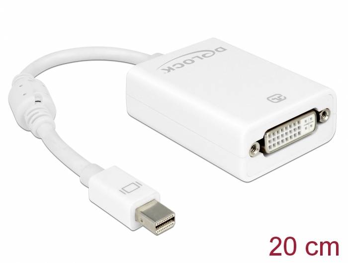 Bílý adaptér z Mini DisplayPort (MDP) na DVI konektor, délka kabelu 20 cm. Vhodný pro monitory nebo projektory.