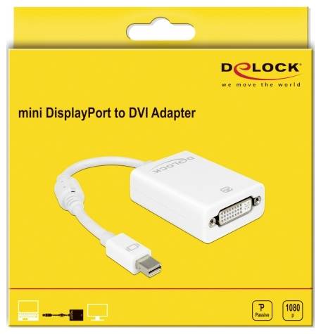 Obal adaptéru "Mini DisplayPort na DVI"<br><br>Adaptér ukazuje kabel z Mini DisplayPortu na DVI konektor, označený štítkem 1080p a pasivní.