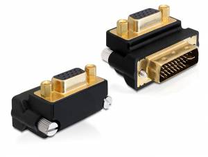 DVI-VGA adaptér se zlatými kontakty a černým pouzdrem, vhodný pro připojení DVI kabelu k VGA portu.