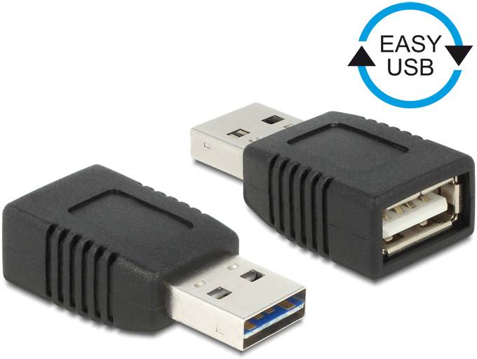USB adaptér s černým pouzdrem, s jedním samčím a jedním samičím rozhraním. Nahoře vpravo: Symbol 'Easy USB'.