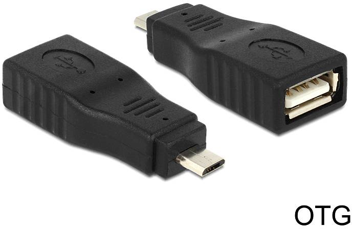 Dva černé OTG adaptéry s USB konektorem, jeden zobrazuje přední stranu se zástrčkou, druhý zadní stranu se zásuvkou.