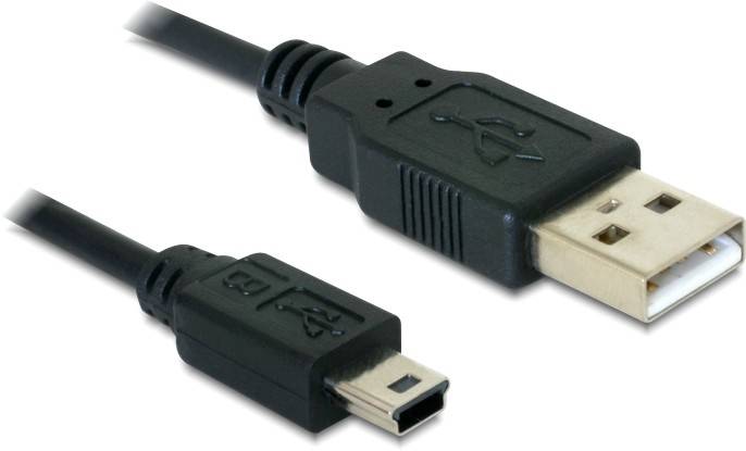 USB kabel se standardním konektorem A na pravé straně a mini-B konektorem na straně levé.