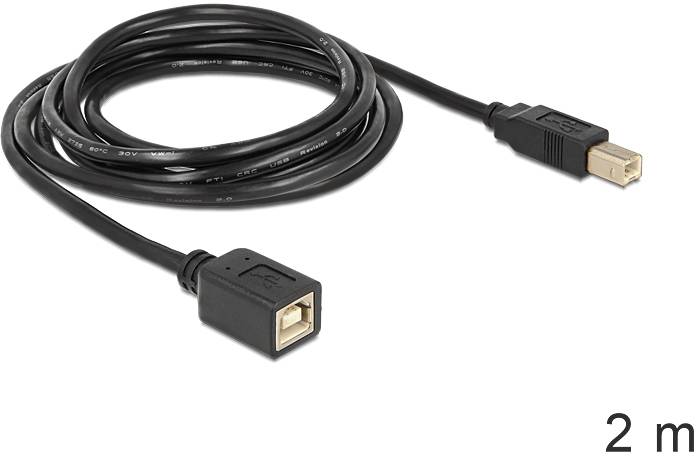 Černý prodlužovací USB kabel, dva metry dlouhý, s USB-A konektorem na jedné straně a USB-B zásuvkou na straně druhé.