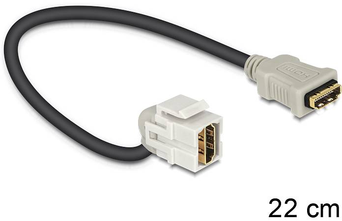 Krátký černý HDMI kabel s šedými konektory. Konektor na pravé straně je označen, délka činí 22 cm.