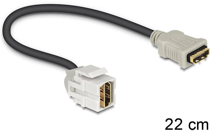 Krátký 22cm HDMI kabel s jednou zástrčkou a jednou zásuvkou, vhodný pro přenos audio a video signálů.