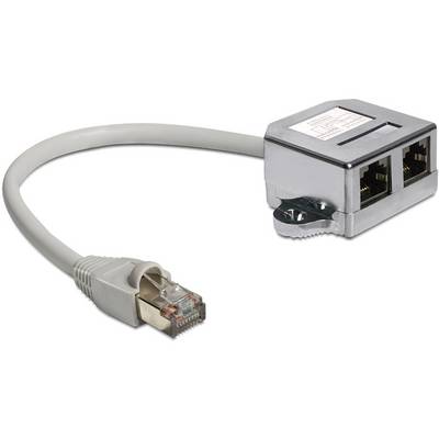Ethernetový rozbočovač se dvěma výstupy a kabelem s konektorem RJ-45, používaný k distribuci síťových připojení.