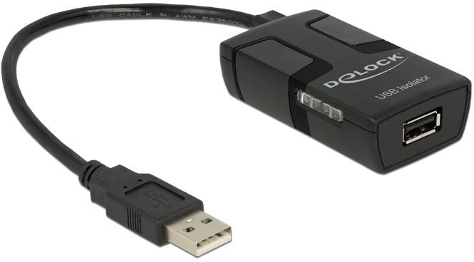 Černý USB izolátor s USB vstupními a výstupními konektory, určený ke snížení interference v USB připojeních.