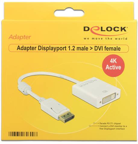 Balení adaptéru Delock z DisplayPort 1.2 (samec) na DVI (samice). Podporuje rozlišení 4K.