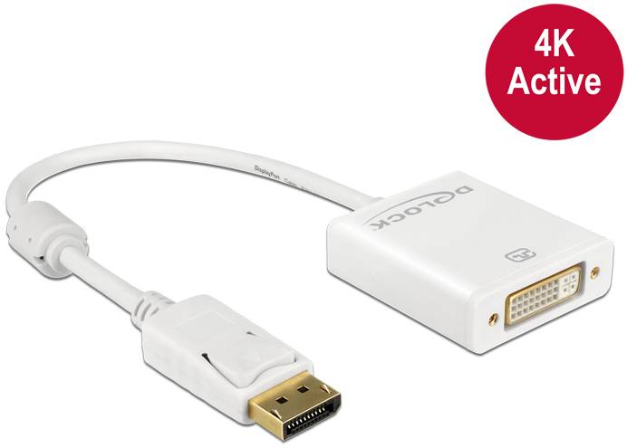 Bílý adaptér propojuje konektor DisplayPort se zdířkou DVI-D, vhodný pro rozlišení 4K (aktivní).