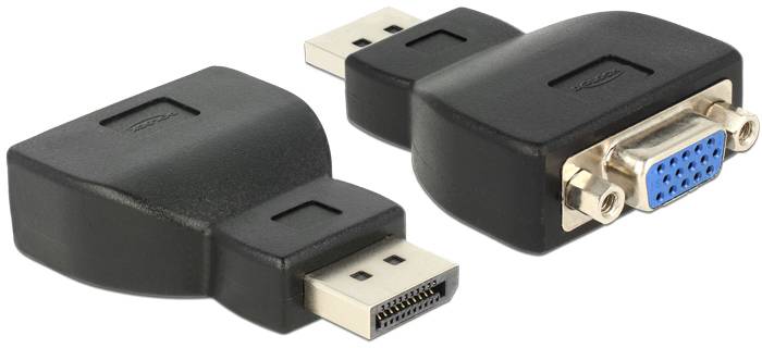 Adaptér DisplayPort na VGA, černý, ukazuje připojení: DisplayPort na jedné straně, VGA na straně druhé.