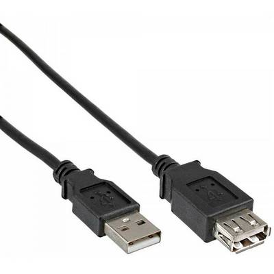 Černý prodlužovací USB kabel s jednou zástrčkou a jednou zásuvkou, používaný pro připojení a prodloužení USB zařízení.