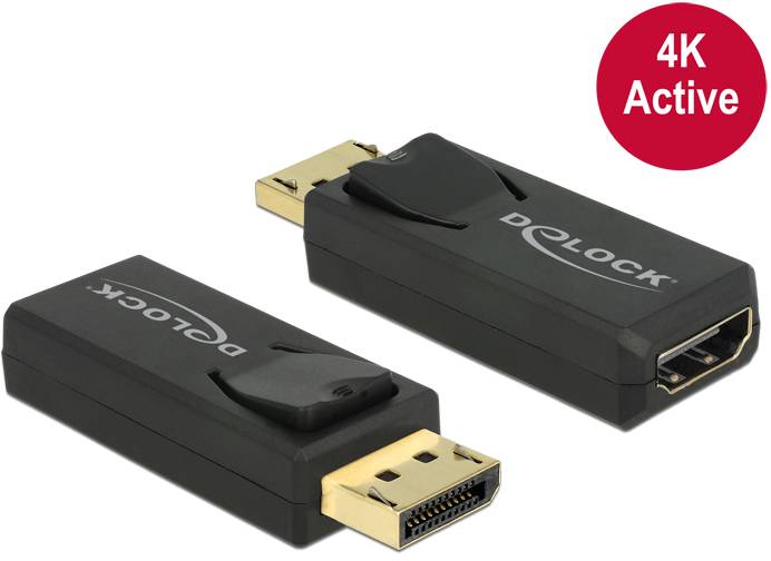 Dva černé DisplayPort na HDMI adaptéry s označením '4K Active' v červeném kruhu. Ideální pro přenos vysoce rozlišeného videa.