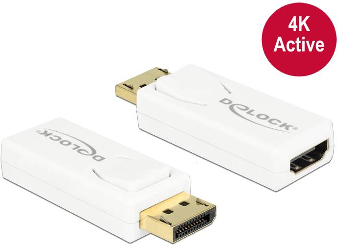 Dva bílé adaptéry s porty DisplayPort a HDMI, které podporují rozlišení 4K. Na každém adaptéru je viditelný název značky 'DELOCK'.