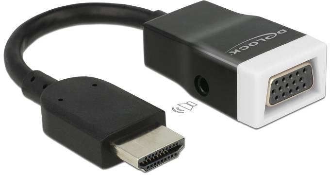 HDMI-VGA adaptérový kabel, černý s bílým okrajem, propojuje zařízení s rozhraním HDMI s VGA porty pro přenos videosignálu.