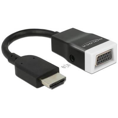 HDMI-VGA adaptérový kabel, černý s bílým okrajem, propojuje zařízení s rozhraním HDMI s VGA porty pro přenos videosignálu.