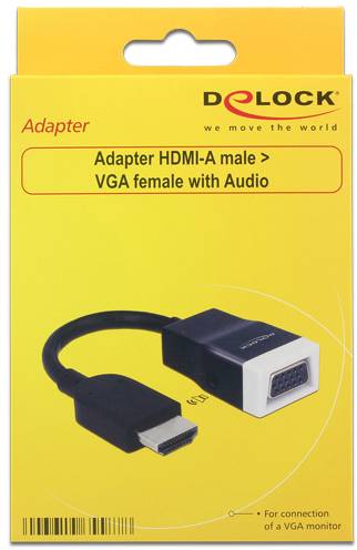 Žlutý obal pro adaptér Delock: HDMI-A zástrčka na VGA zásuvku s audiem, vhodný pro připojení VGA monitoru.
