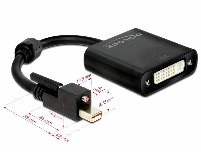 Černý adaptér s DVI konektorem na pravé straně a Mini DisplayPort zástrčkou na levé straně, s rozměrovým označením.