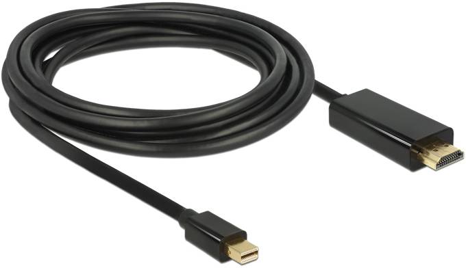 Černý HDMI kabel s běžným HDMI konektorem a menším konektorem Mini DisplayPort, vhodný pro přenos obrazu.
