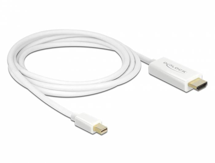 Bílý kabel Mini DisplayPort na HDMI od společnosti Delock, který se používá pro připojení počítačů k HDMI monitorům.