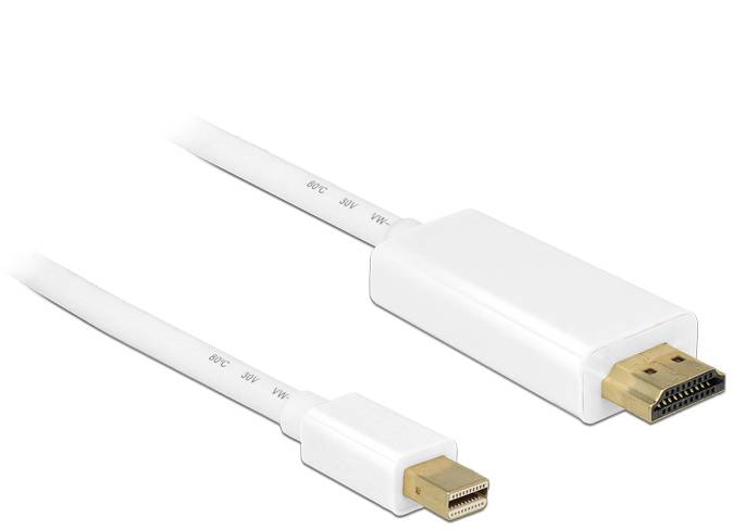 Bílý kabel s konektorem Mini DisplayPort na konektor HDMI, který se používá k propojení počítačů a monitorů.