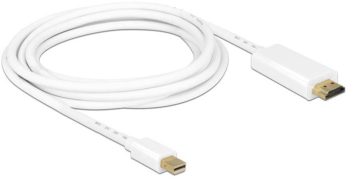 Bílý kabel s mini DisplayPort konektorem na jednom konci a HDMI konektorem na druhém konci.