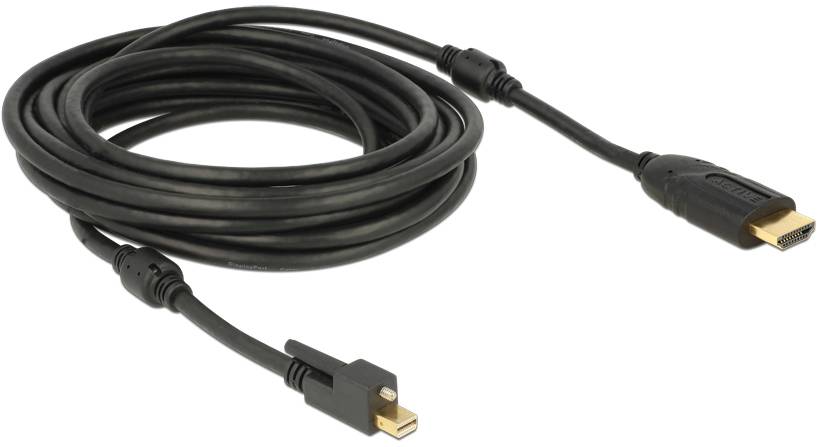 Černý HDMI kabel s mužskými konektory na obou koncích, svinutý a připravený k propojení zařízení pro přenos audia a videa.