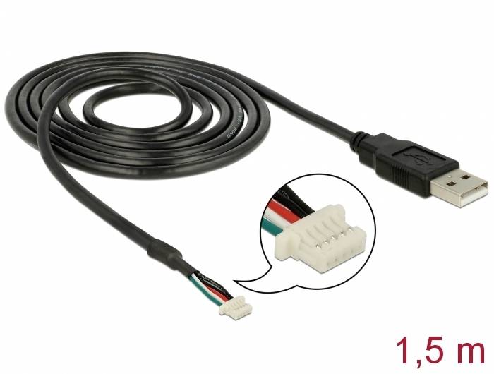 USB kabel s otevřeným koncem, dlouhý 1,5 m. Zobrazuje detailní pohled na připojení. Vhodný pro elektronické projekty a opravy.