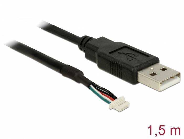 Černý USB kabel s odkrytým kovovým koncem na jedné straně a konektorem na straně druhé. Délka kabelu je 1,5 metru.