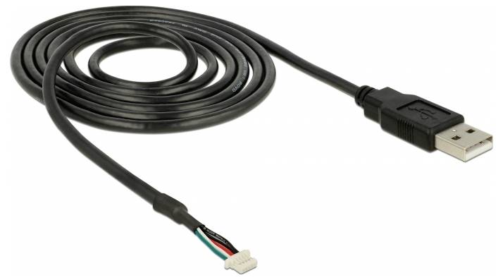 Černý USB kabel se standardním USB konektorem na jedné straně a otevřeným multidrátovým zakončením na straně druhé.