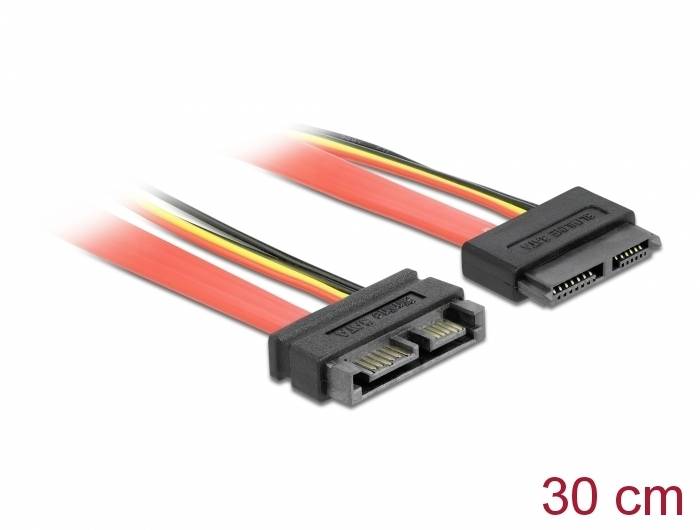 SATA-to-SATA síťový kabel s červeným kabelem, dlouhý 30 cm. Slouží k propojení pevných disků a základní desky pro přenos napájení.