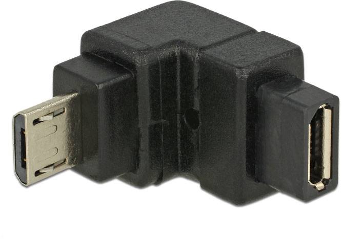 Černý USB úhlový adaptér s micro-USB konektorem na jedné straně a USB zdířkou na straně druhé.