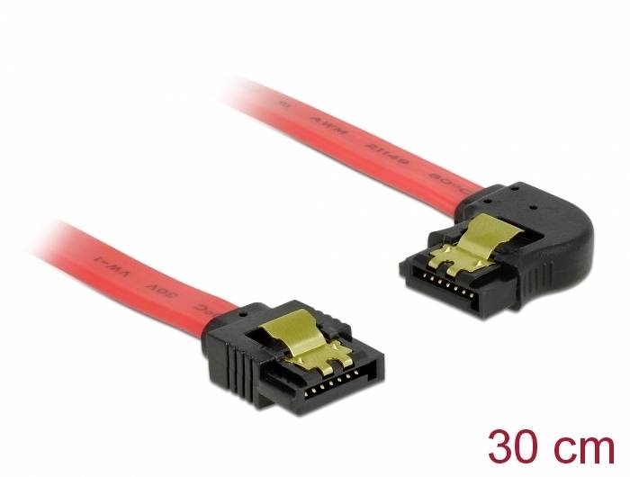 Zahnutý a rovný SATA kabel v červené barvě, dlouhý 30 cm, určený pro přenos dat.