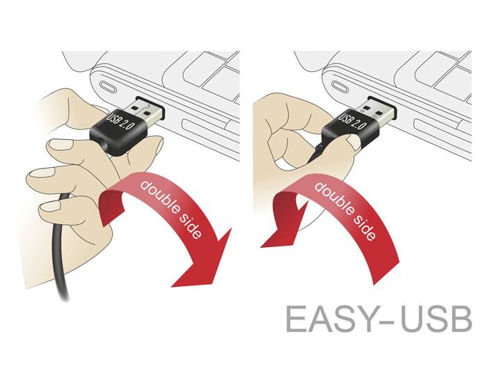 Obrázek znázorňuje USB konektor, který lze připojit k notebooku z obou stran. Červené šipky vyznačují funkci 'oboustranného' připojení.