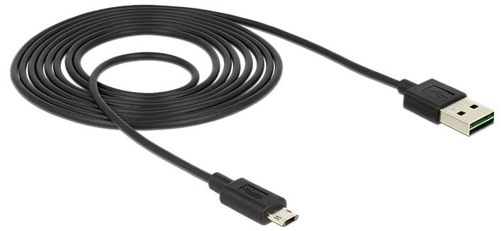 Černý USB kabel se standardním USB konektorem na jedné straně a micro-USB konektorem na straně druhé.