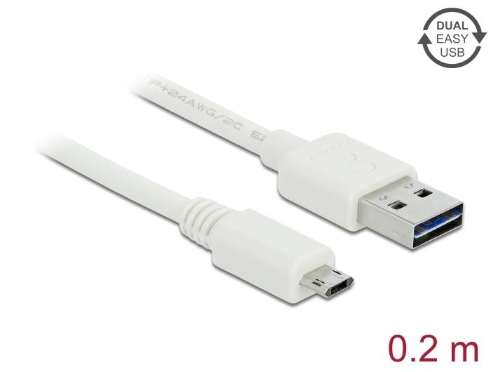 Bílý USB kabel s micro-USB konektorem a standardním USB konektorem, délka 0,2 m, vhodný pro duální Easy USB připojení.