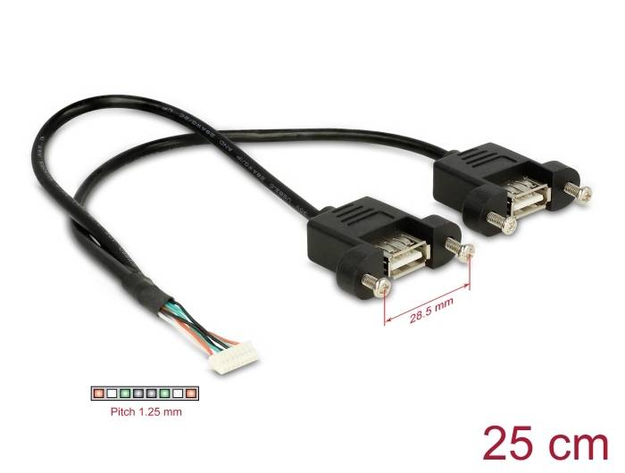 Dva černé kabely se zástrčkami, které jsou dlouhé 25 cm, propojují dvě bílé 8-kolíkové zásuvky. Značení ukazuje vzdálenost 28,5 mm.